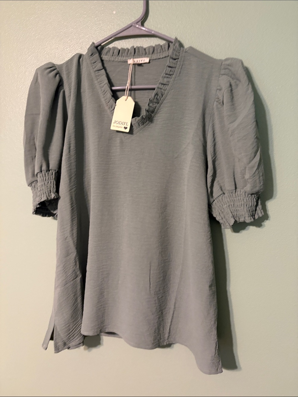 JODIFL Sage Green Puff-Sleeve V-Neck Blouse